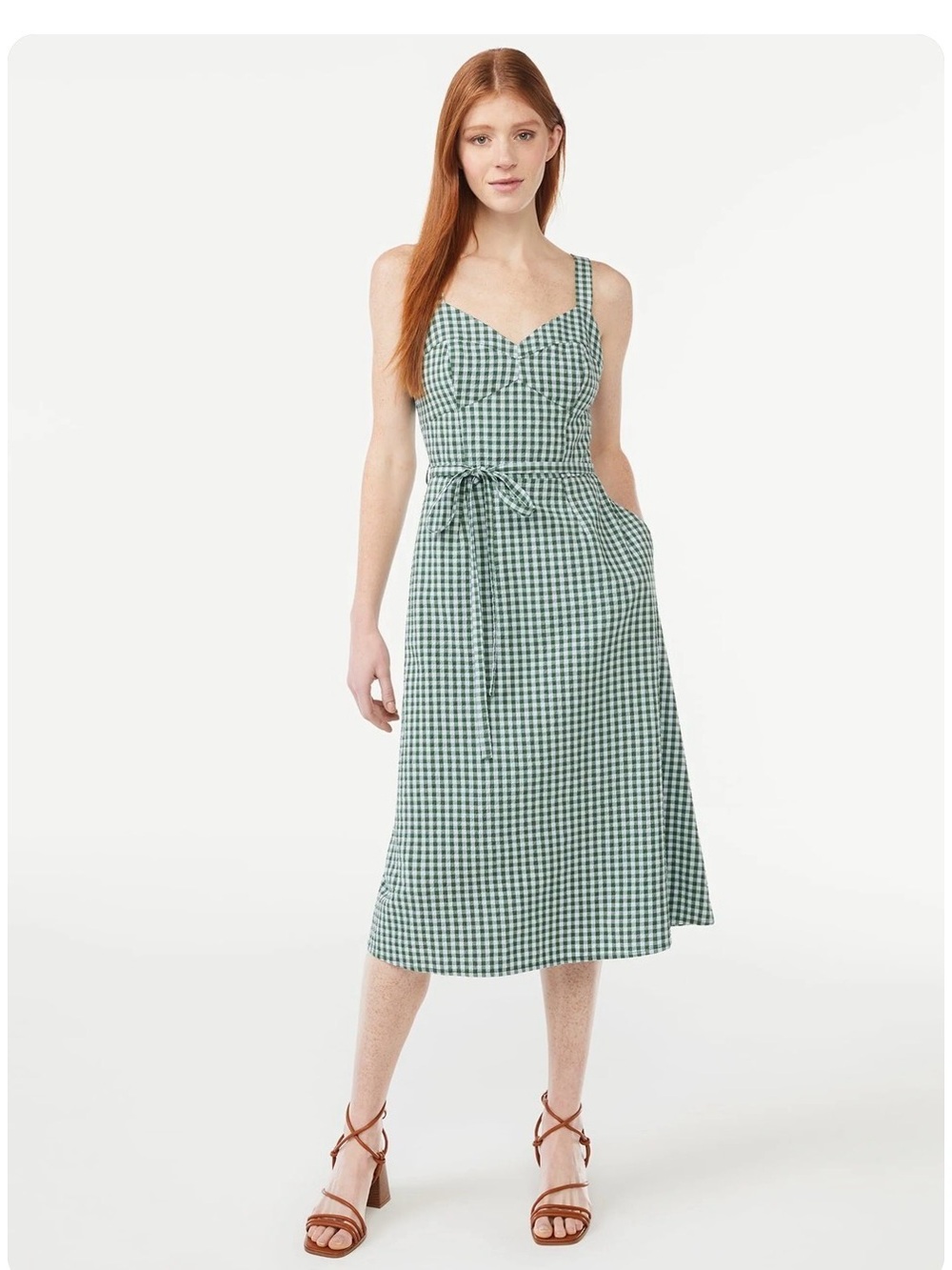 Green Gingham Tie-Waist Midi Dress